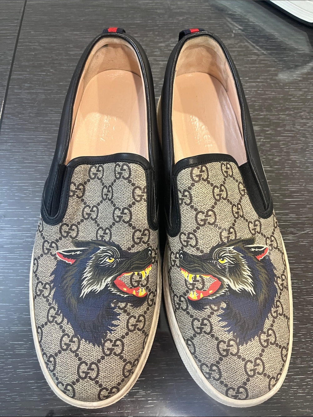 Gucci Beige GG Supreme Canvas Slip-On Sneakers with Black Wolf Graphic